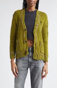 R13 Safety Pin Chain Detail Ripped Cotton Cardigan