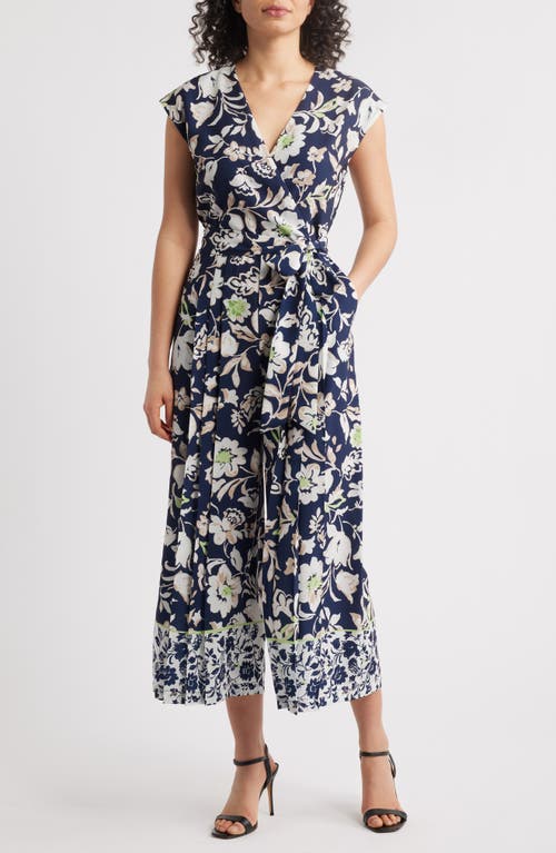 Tahari Asl Mixed Floral Print Crêpe De Chine Jumpsuit In Navy Ivory