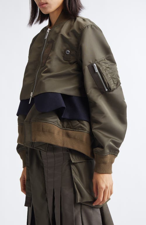 Sacai Cropped Bomber Jacket With Zip And Pockets In Green