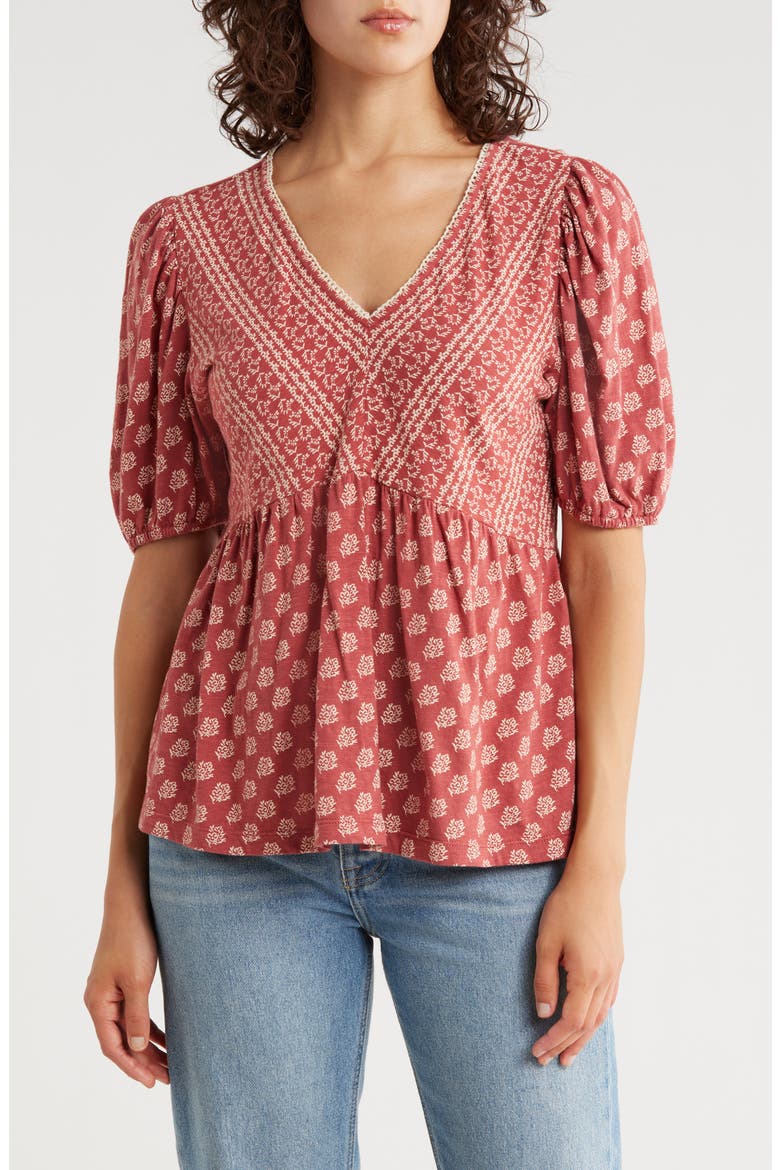 Mixed Print Puff Sleeve Cotton Babydoll Top, Main, color, RED FLORAL