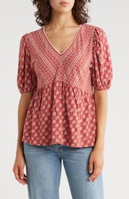 Lucky Brand Mixed Print Puff Sleeve Cotton Babydoll Top
