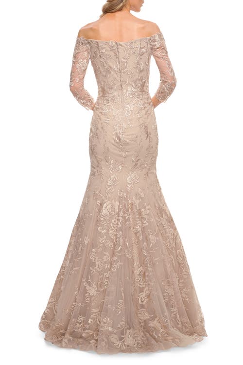 La Femme Long Lace Mermaid Gown With Off The Shoulder Top In Champagne