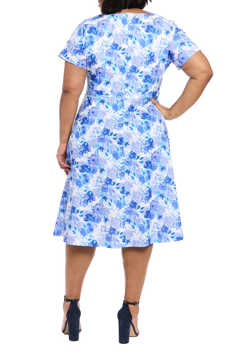 London Times Floral Tie Neck Short Sleeve Fit & Flare Midi Dress, Alternate, color, Ivory/ Blue/ Royal