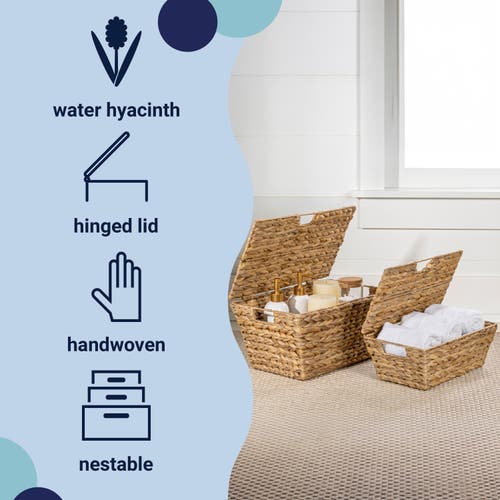 Happimess Wilder Classic Farmhouse Woven Hyacinth Rectangular Storage Baskets With Lids And Handles, In Natural