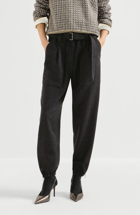Virgin wool and cashmere twill flannel loose cargo trousers with monili