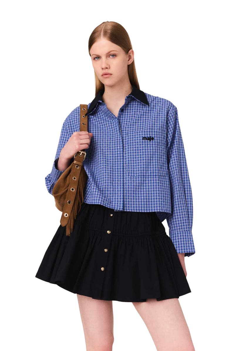 maje Removable collar rhinestone shirt, Alternate, color, Blue Rhinestoned Tiles Print