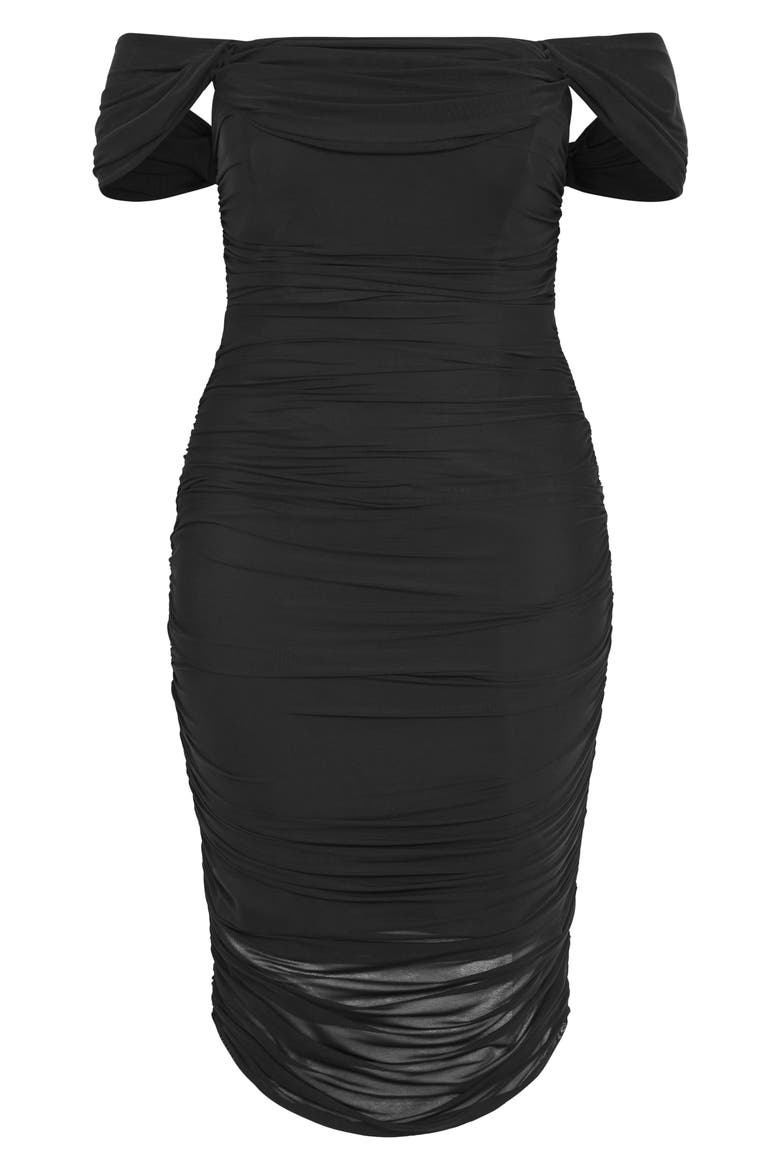 Jazmin Off the Shoulder Ruched Mesh Dress, Alternate, color, BLACK