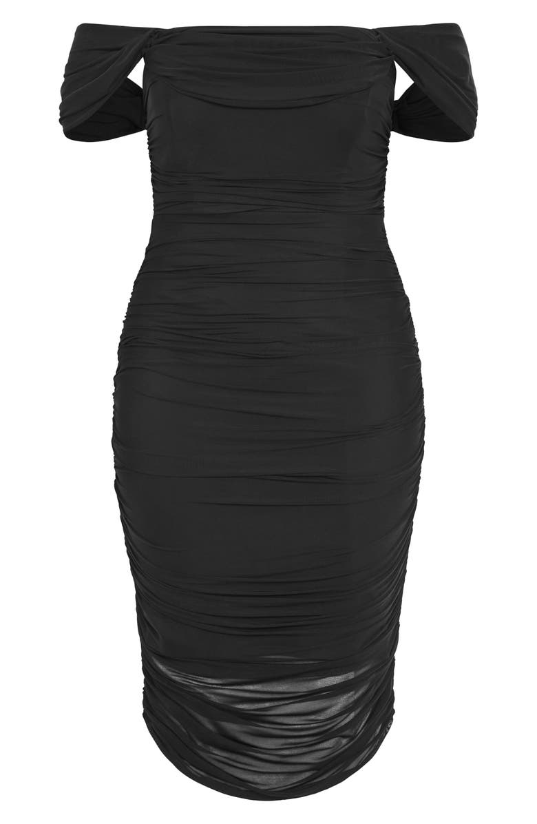 City Chic Jazmin Off the Shoulder Ruched Mesh Dress, Alternate, color, Black