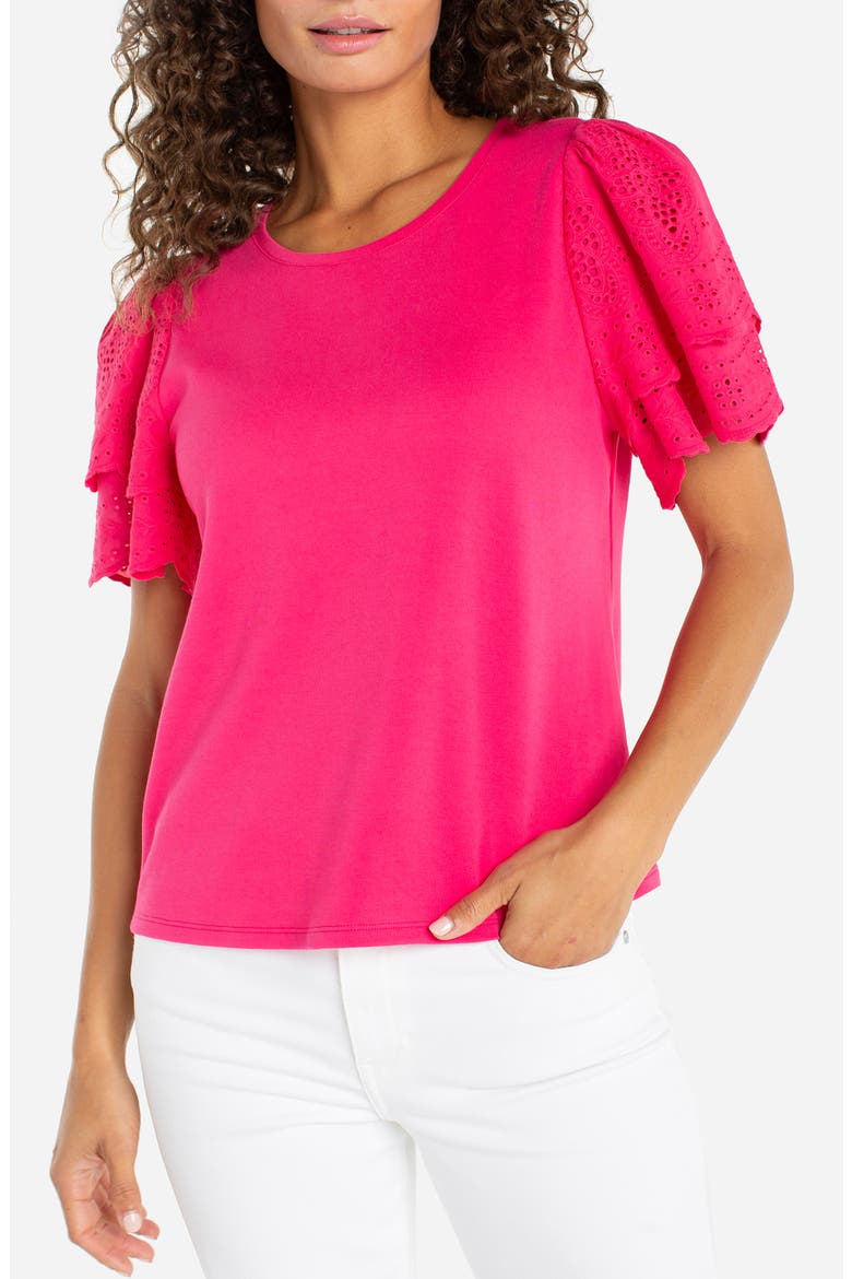 Eyelet Sleeve Mixed Media Top, Main, color, DIVA PINK