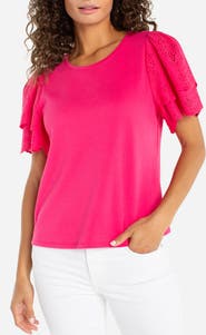 Liverpool Los Angeles Eyelet Sleeve Mixed Media Top