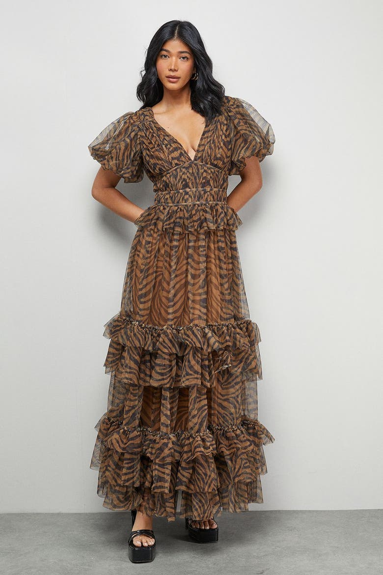 Zebra Print Tulle Ruffle Maxi Dress, Main, color, Animal