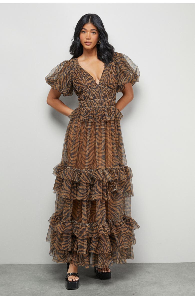 Warehouse Zebra Print Tulle Ruffle Maxi Dress, Main, color, Animal