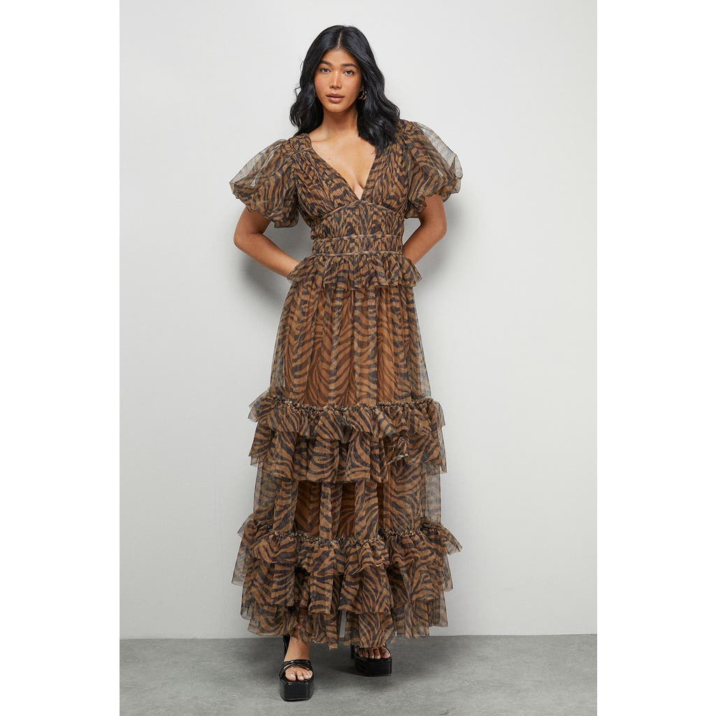 Warehouse Zebra Print Tulle Ruffle Maxi Dress In Brown