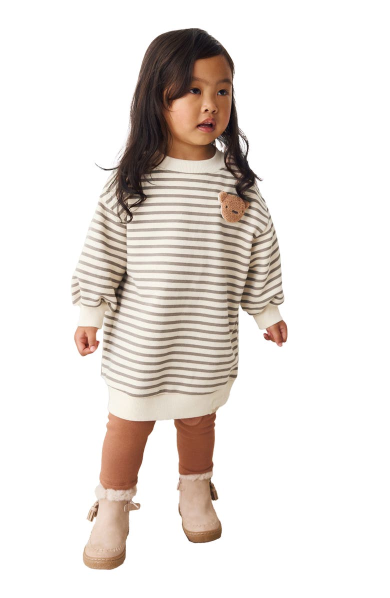 NEXT Kids' Bear Appliqué Stripe Long Sleeve Sweater Dress, Alternate, color, Neutral