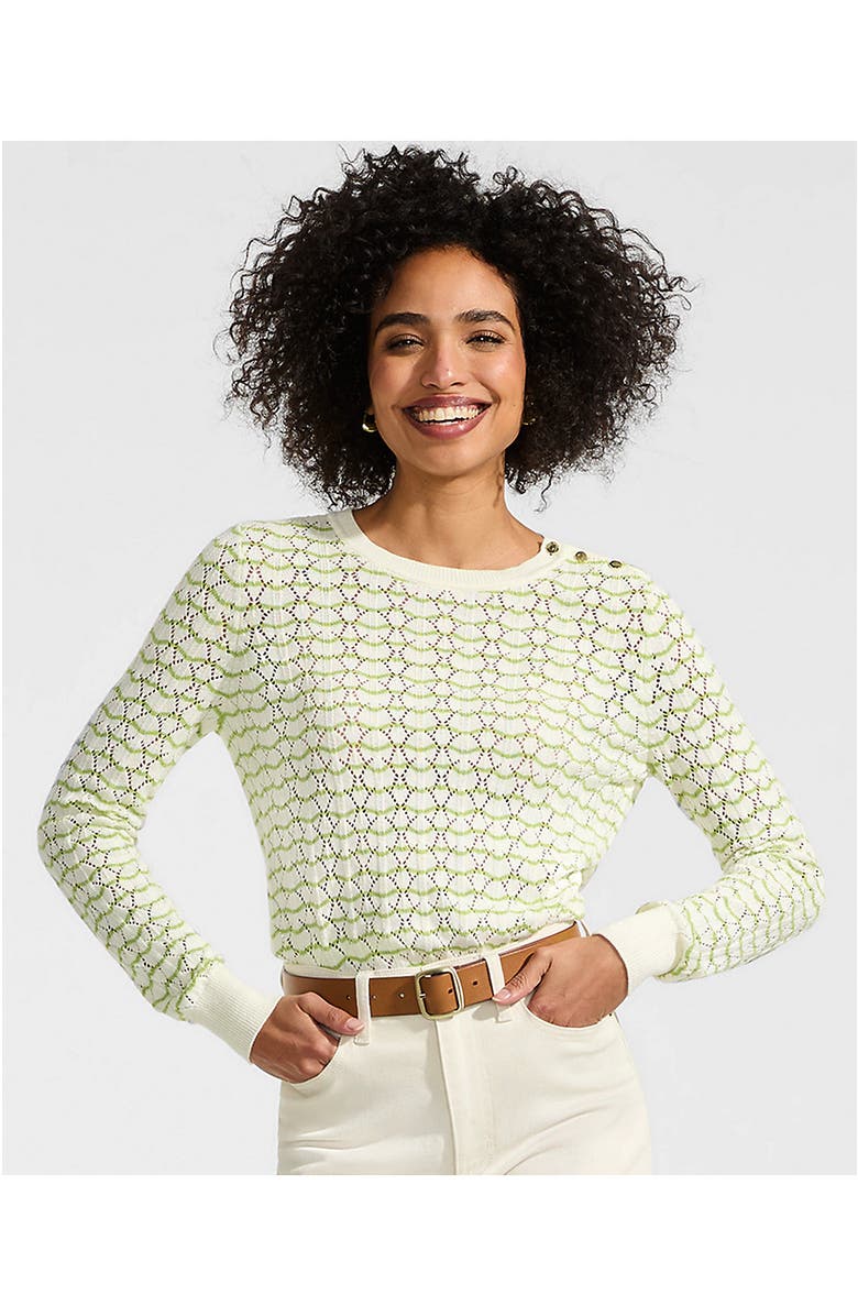 Lands' End Cotton Viscose Button Shoulder Modern Crew Sweater, Alternate, color, Pistachio/Ivory Stitch Stripe