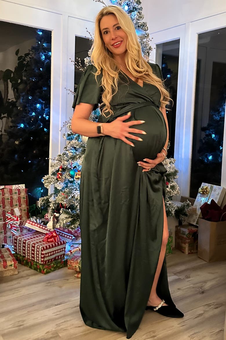 Side Slit Satin Maxi Dress, Alternate, color, Forest Green