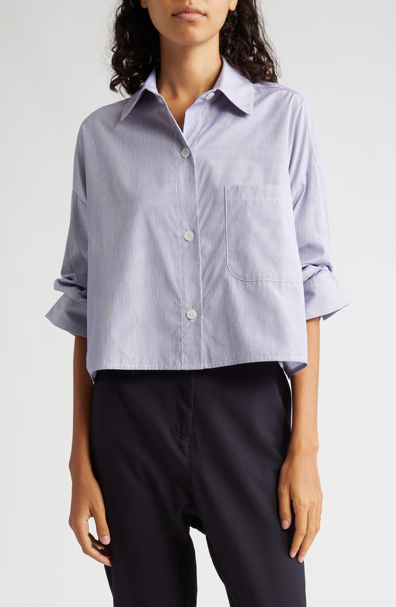 TWP Next Ex Stripe Crop Cotton Button-Up Shirt, Main, color, Midnight/ White