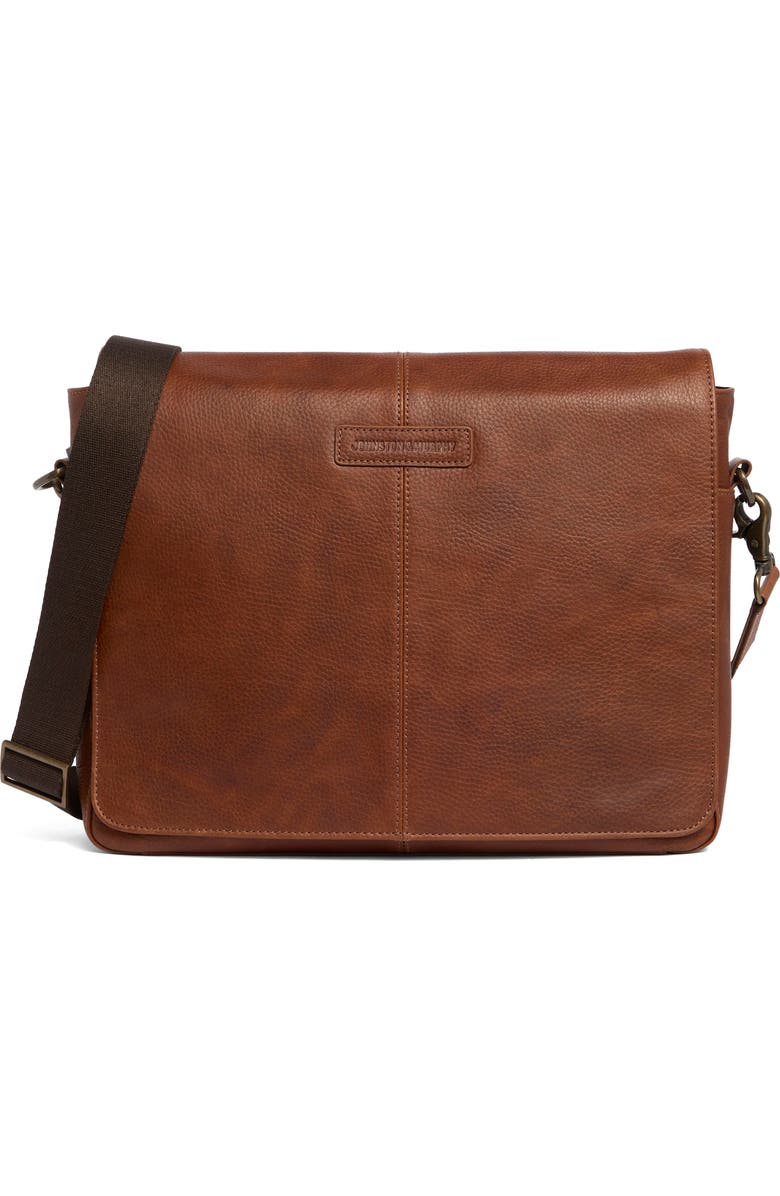 Johnston & Murphy Pebbled Leather Messenger Bag, Main, color, Tan