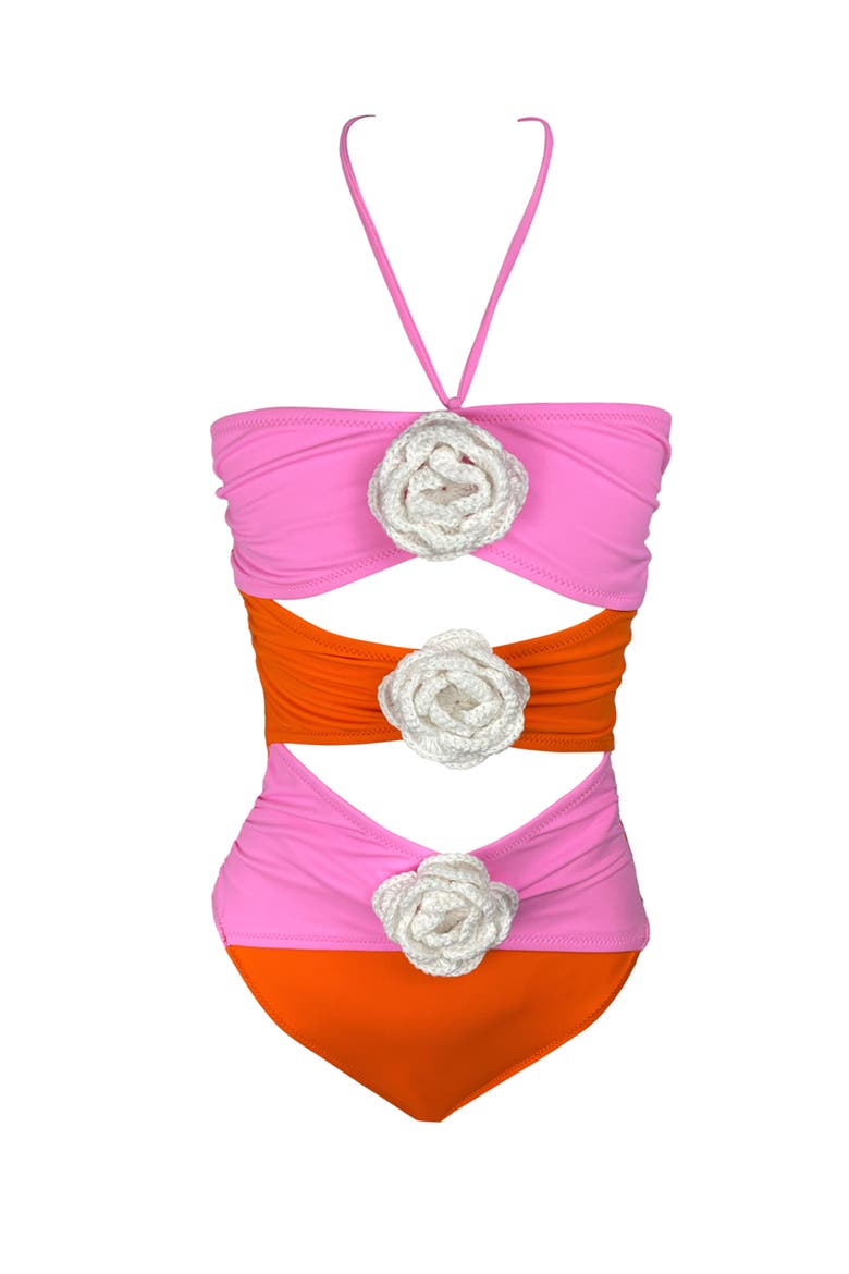 Kids' Pink-Orange Cut-Out Big Flower Detail One-Piece Swimsuit, Main, color, pink-orange