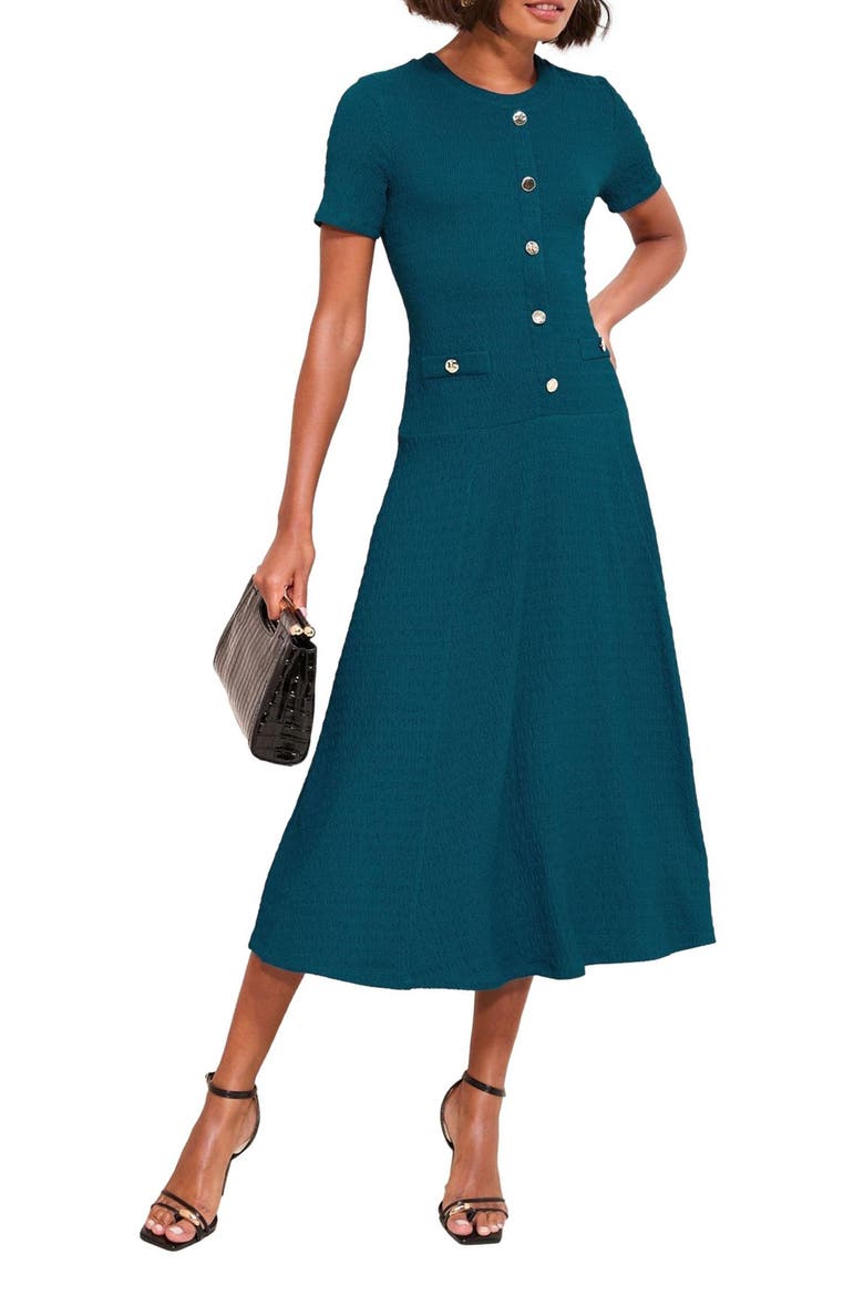 Decorative Button Drop Waist Midi Dress, Main, color, TEAL BLUE