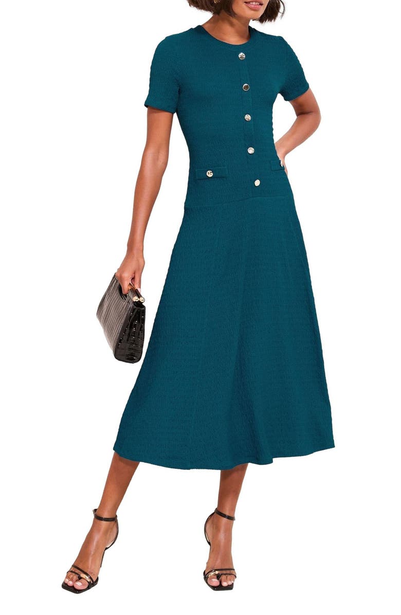 Friends Like These Decorative Button Drop Waist Midi Dress, Main, color, Teal Blue