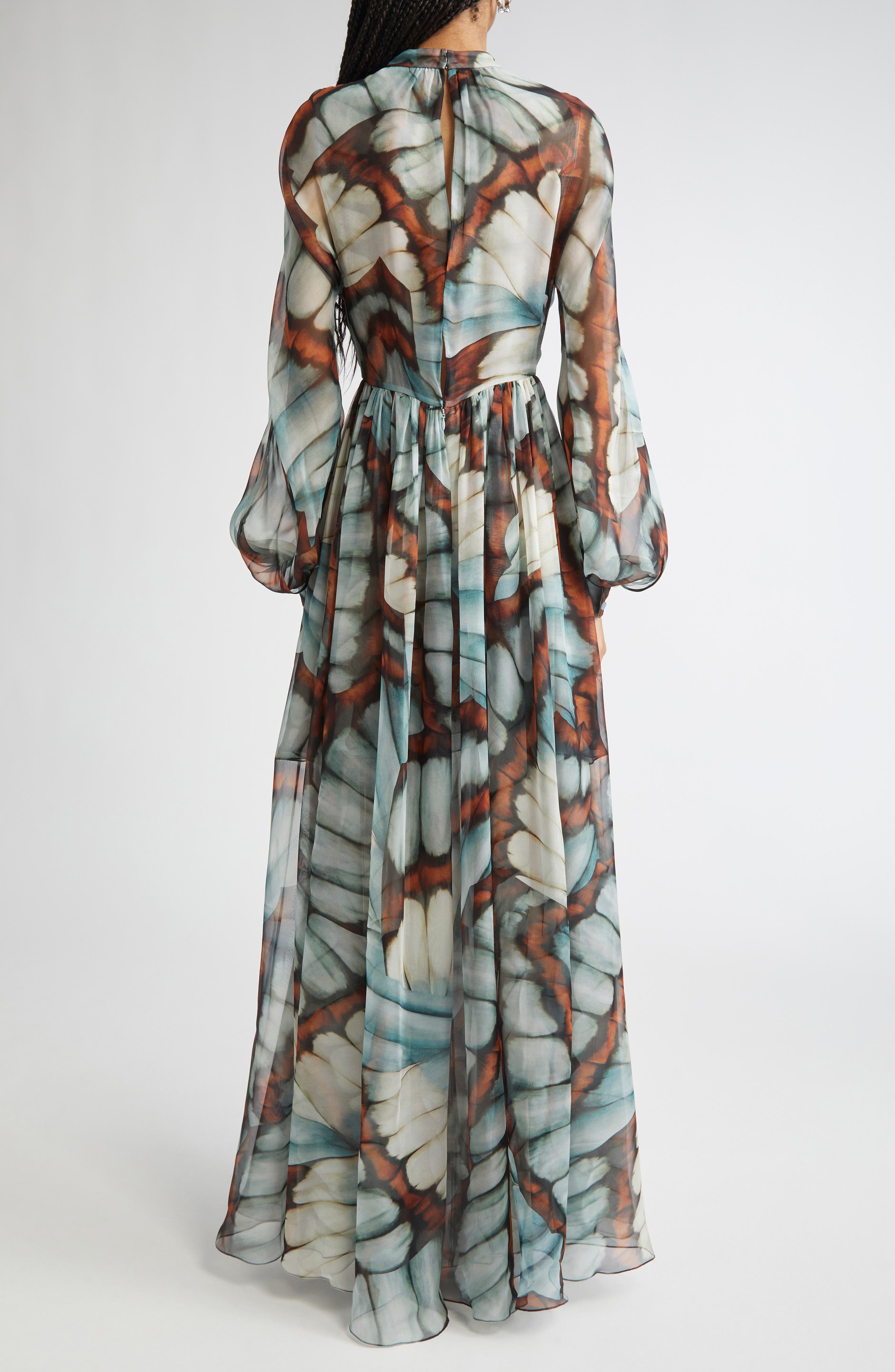 butterfly print chiffon dress Butterfly Print Lace & Silk Chiffon Plunge Neck Dress (Women)