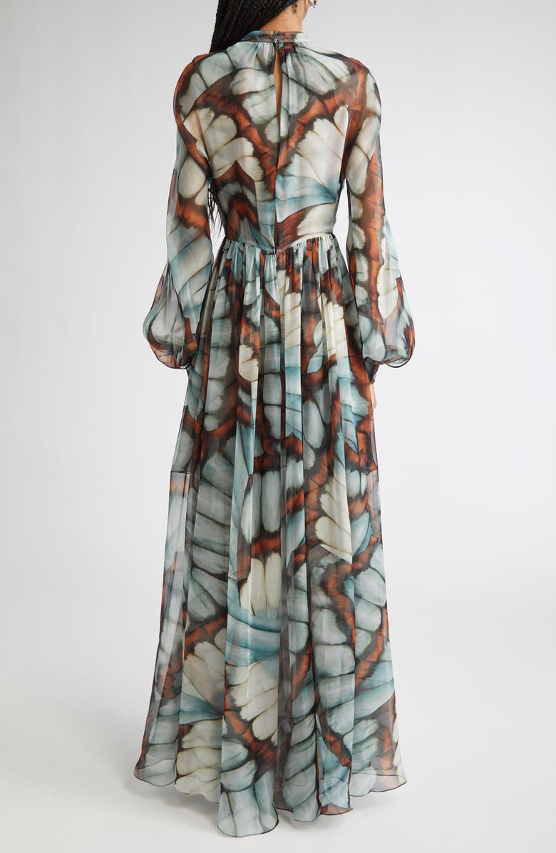 Oscar de la Renta Butterfly Print Long Sleeve Silk Chiffon Gown, Alternate, color, Blue Multi