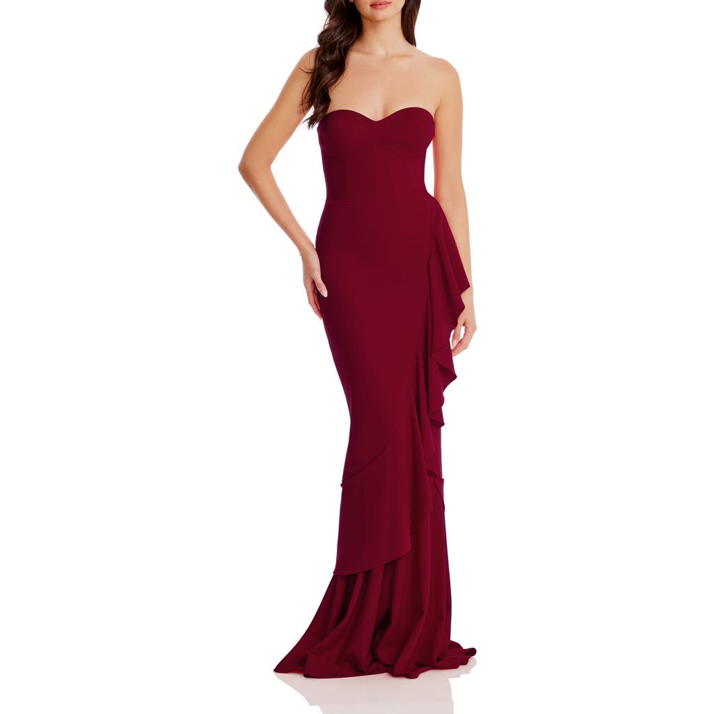 Dress The Population Paris Ruffle Strapless Mermaid Gown In Burgundy