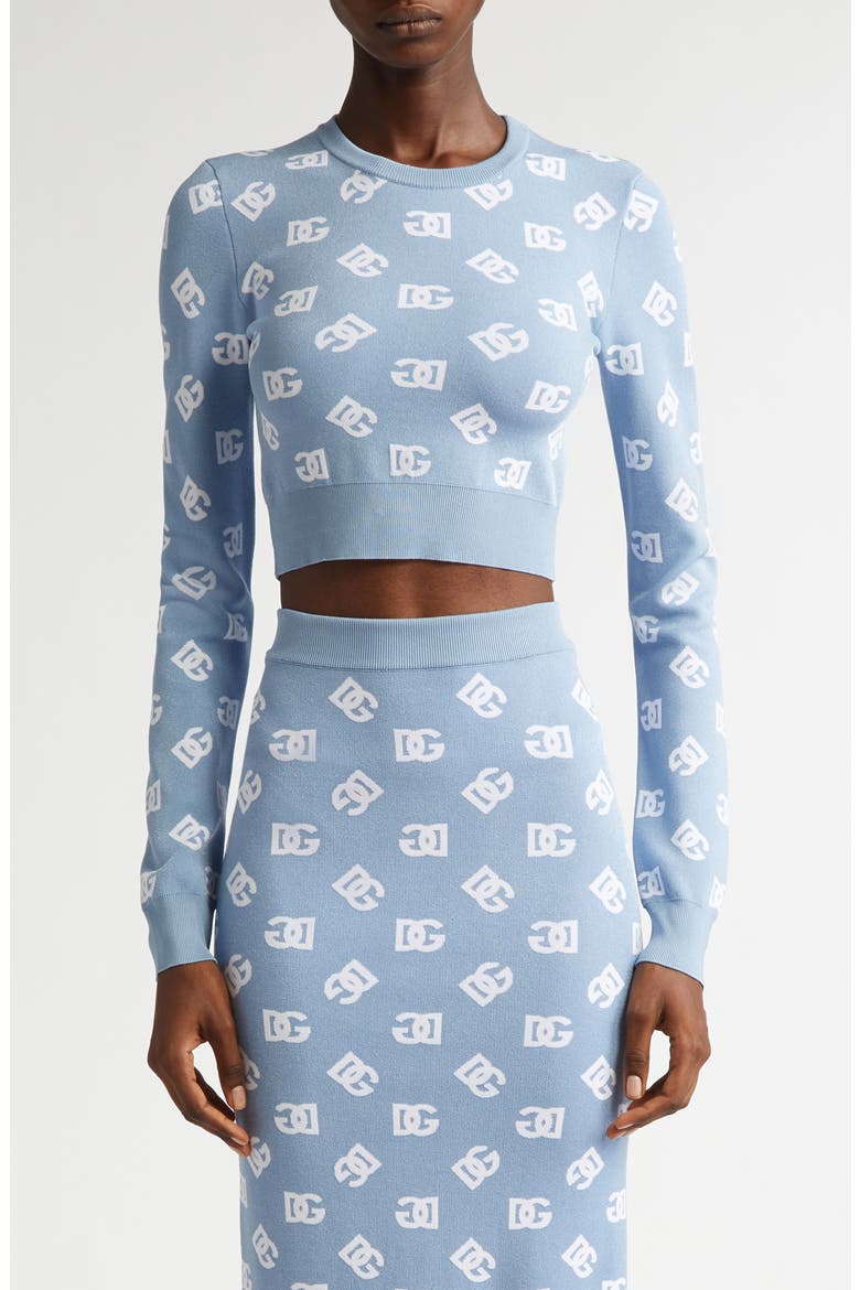 Logo Jacquard Crop Crewneck Sweater, Main, color, B0143 CELESTE CHIARO