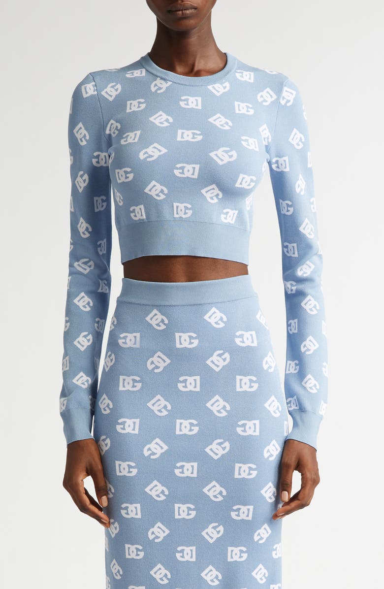 Dolce&Gabbana Logo Jacquard Crop Crewneck Sweater, Main, color, B0143 Celeste Chiaro