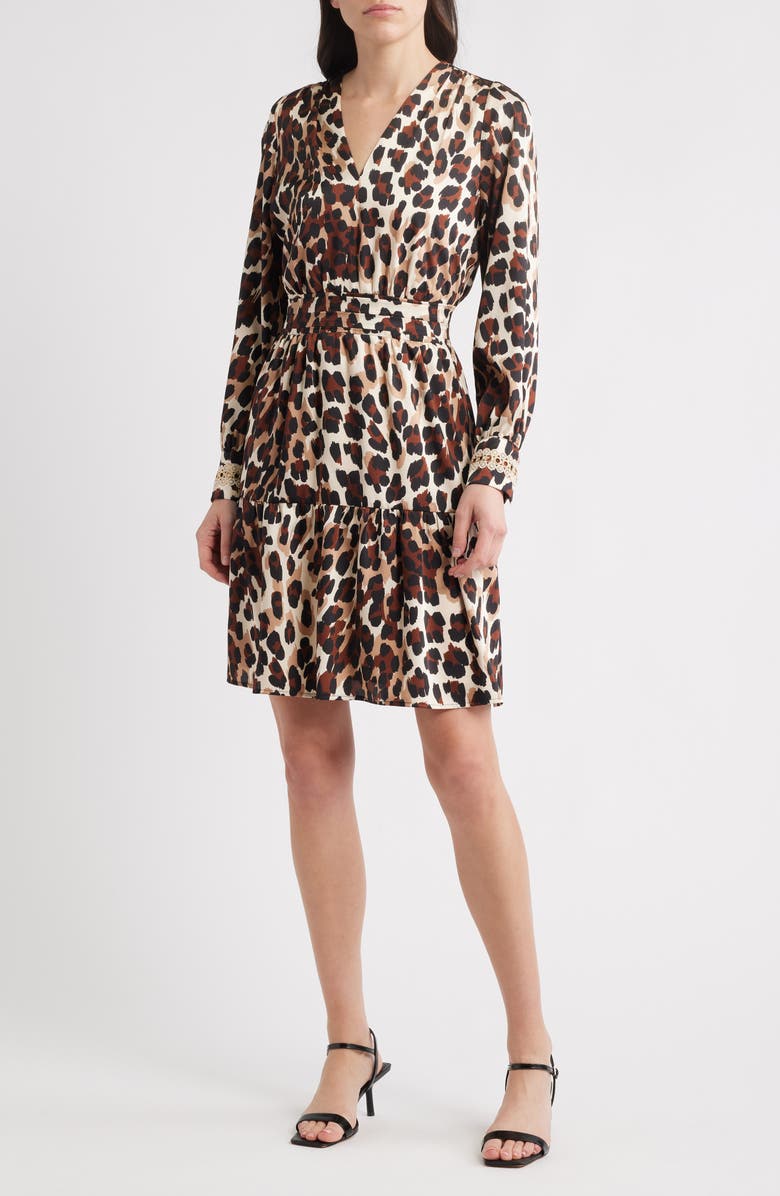 Anne Klein Long Sleeve Leopard Print Minidress, Main, color, Ivory Shell Multi