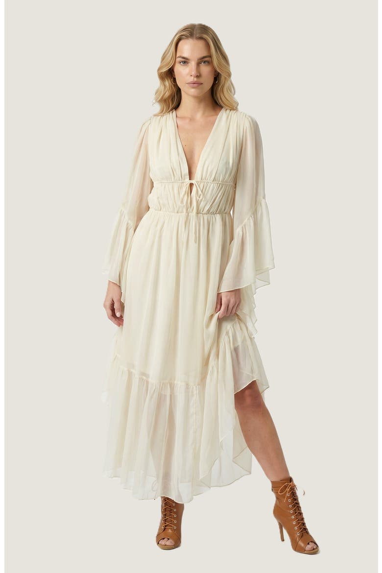 Plunging Neck Tie Waist Ruffle Sleeve Maxi Dress, Main, color, Beige