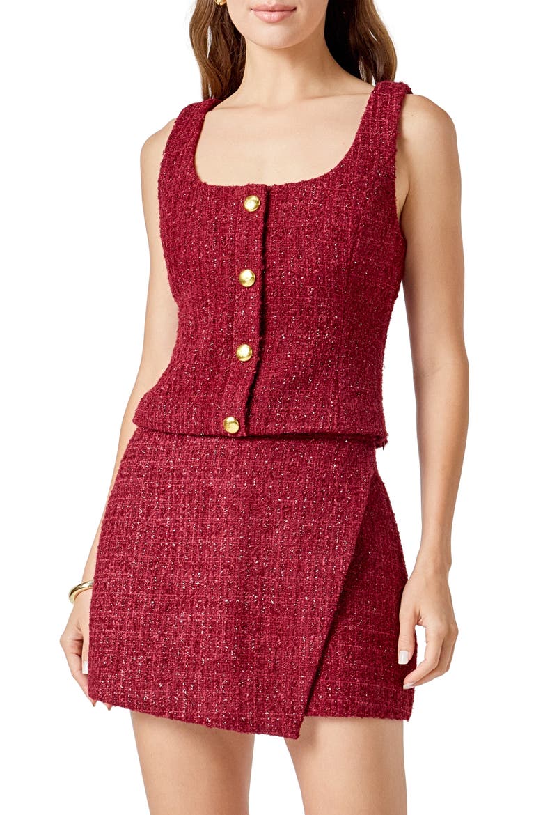 Tweed Button Front Top, Main, color, MERLOT
