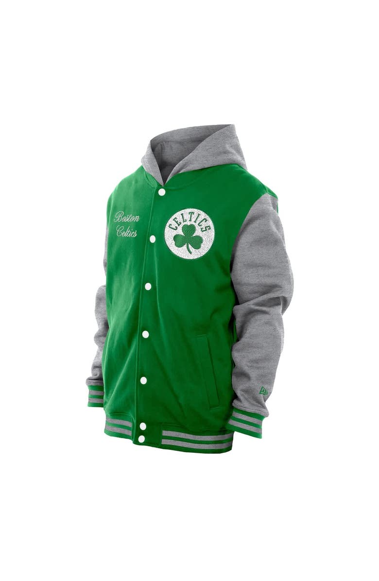 New Era Men's New Era  Kelly Green Boston Celtics Throwback Prep Chenille Full-Snap Hooded Varsity Jacket, Alternate, color, Kelly Green