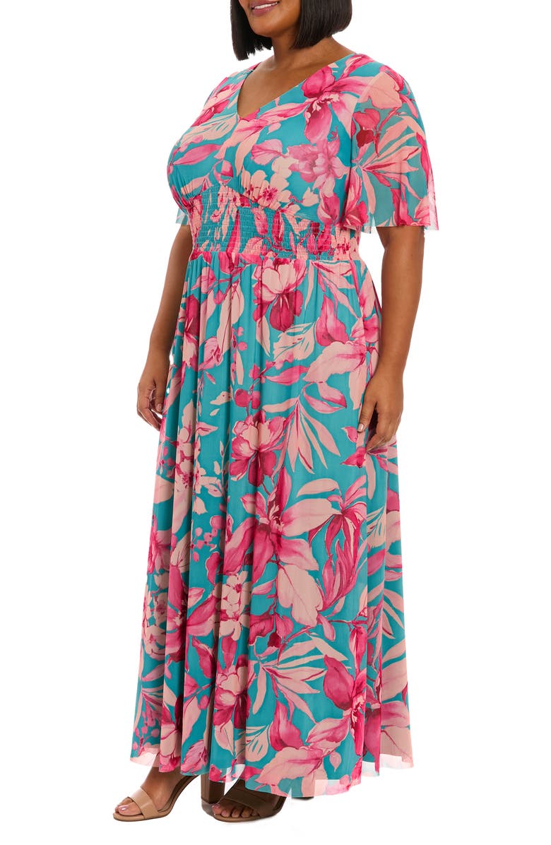 London Times Mesh Flutter Sleeve Maxi Dress, Alternate, color, Blue/ Pink