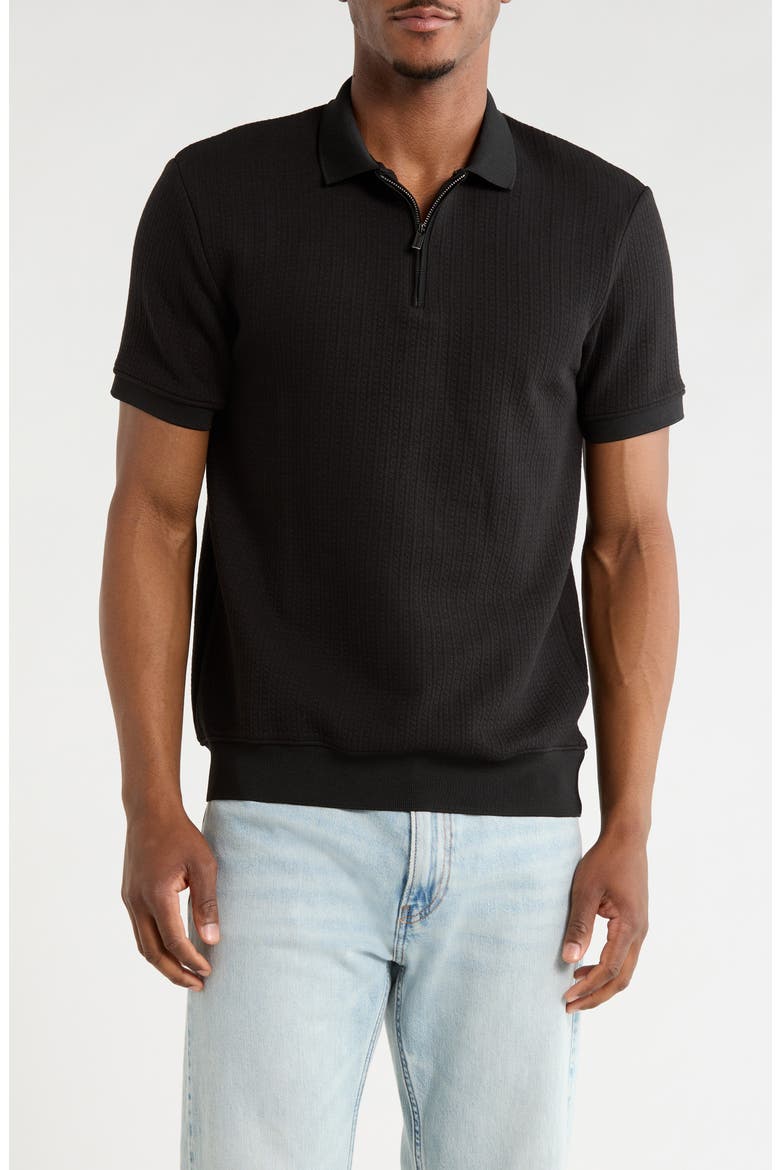 Quarter Zip Textured Knit Polo, Main, color, BLACK TEXTURED
