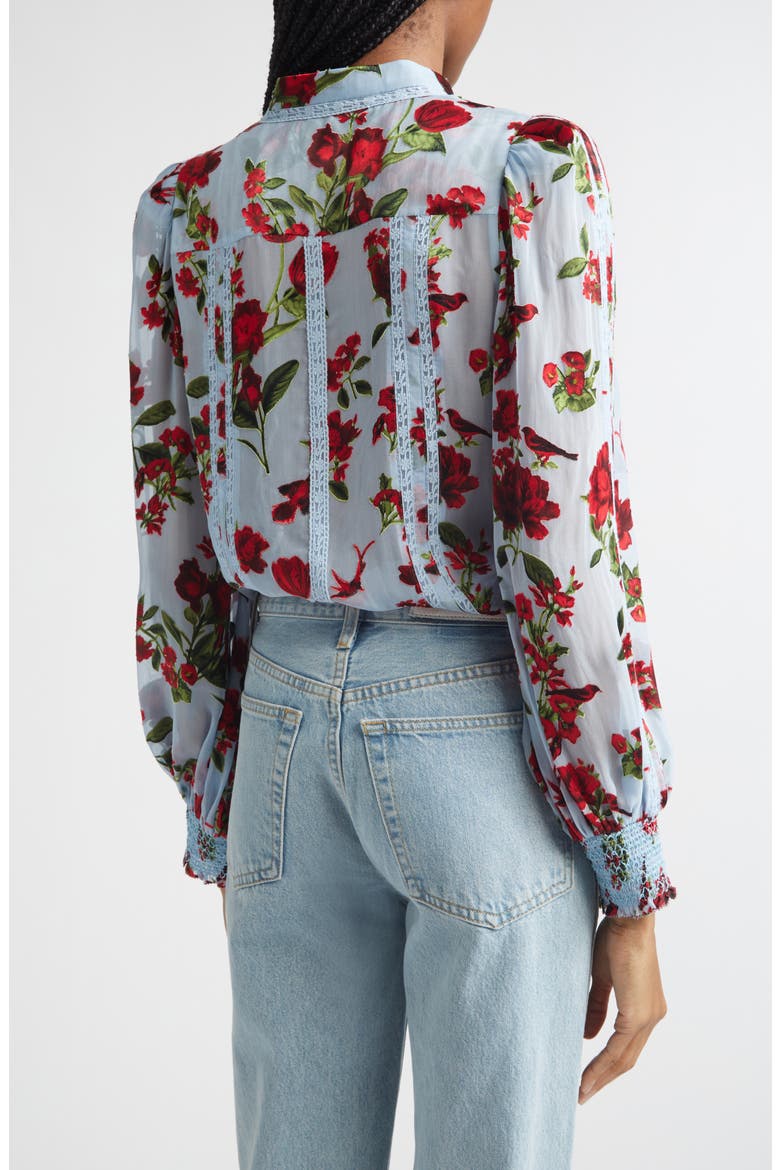 Arlette Floral Print Lace Trim Top, Alternate, color, AMERICAN BEAUTY CAROLINA BLUE