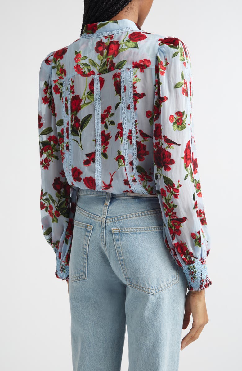 Alice + Olivia Arlette Floral Print Lace Trim Top, Alternate, color, American Beauty Carolina Blue