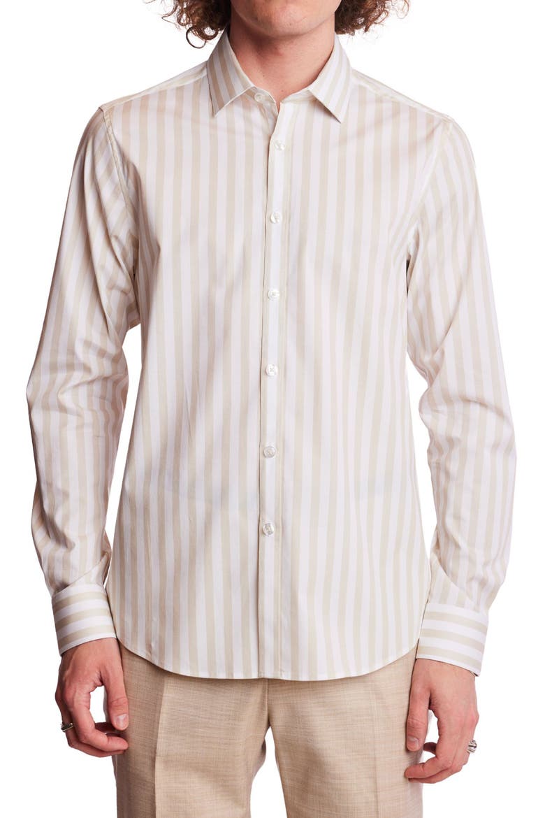 Samuel Stretch Cotton Button-Up Shirt, Main, color, TAN & WHITE WIDE STRIPE