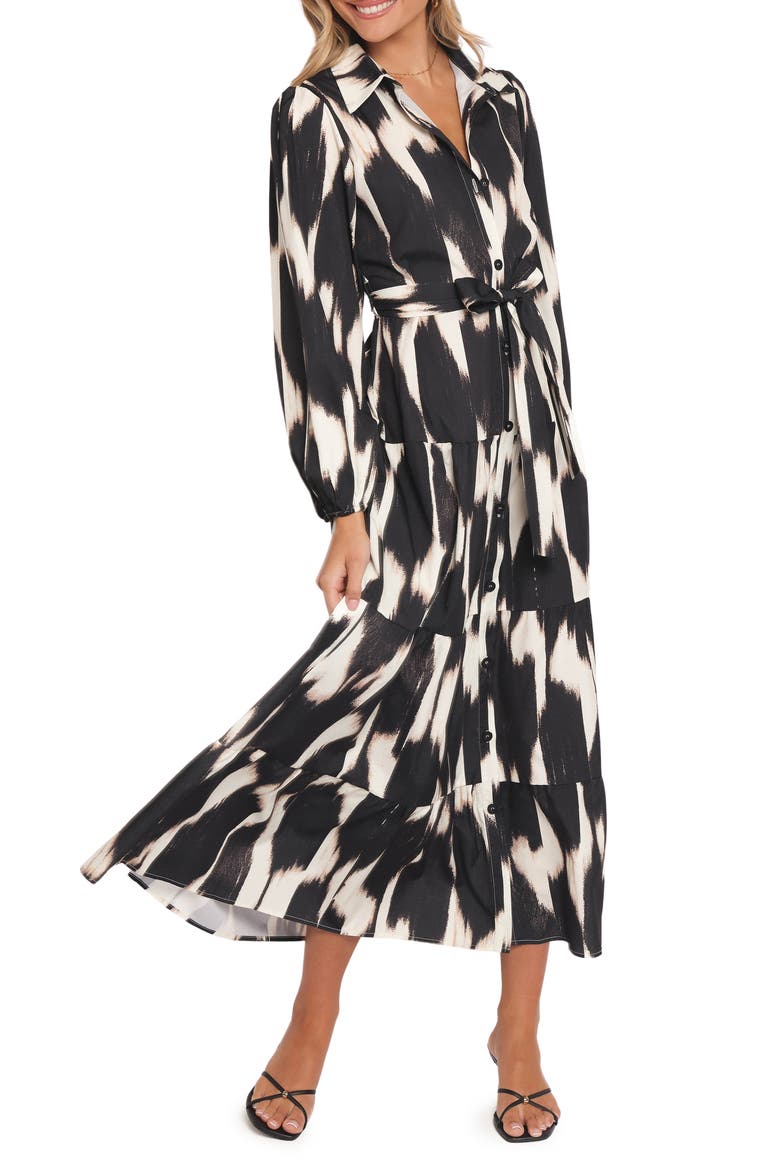 Lincoln Print Tie Waist Long Sleeve Maxi Shirtdress, Alternate, color, BLACK PRINT
