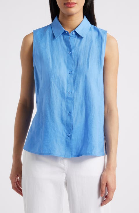 Classic Sleeveless Organic Linen Button-Up Shirt
