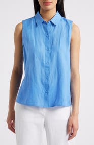 Eileen Fisher Classic Sleeveless Organic Linen Button-Up Shirt