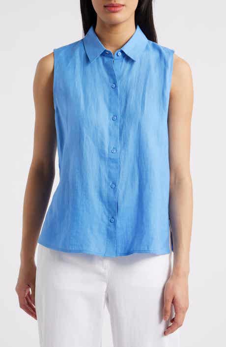 Eileen Fisher Classic Sleeveless Organic Linen Button-Up Shirt