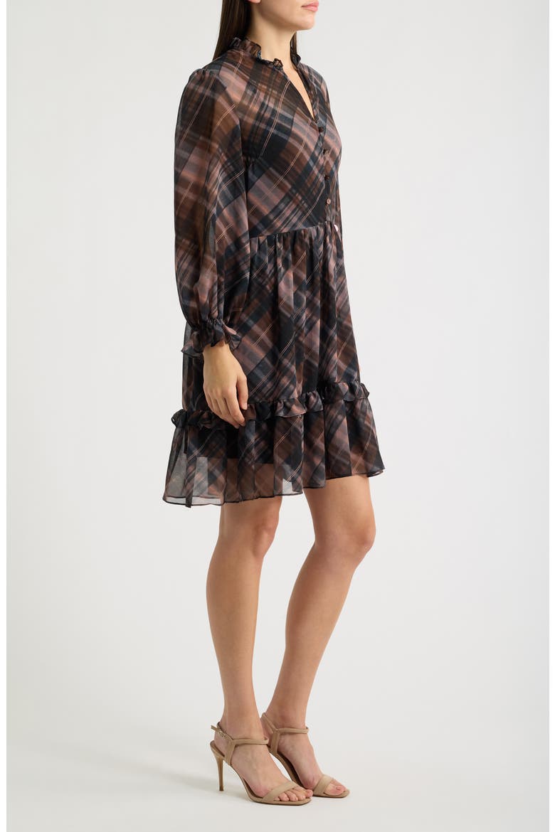Long Sleeve Plaid Georgette Dress, Alternate, color, BROWN/ BLACK