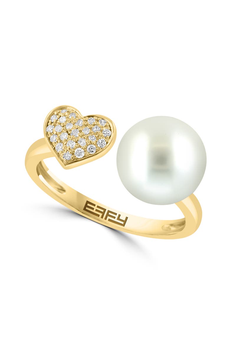 14K Yellow Gold Pavé Diamond Heart and Fresh Water Pearl Ring, Main, color, 14K Gold