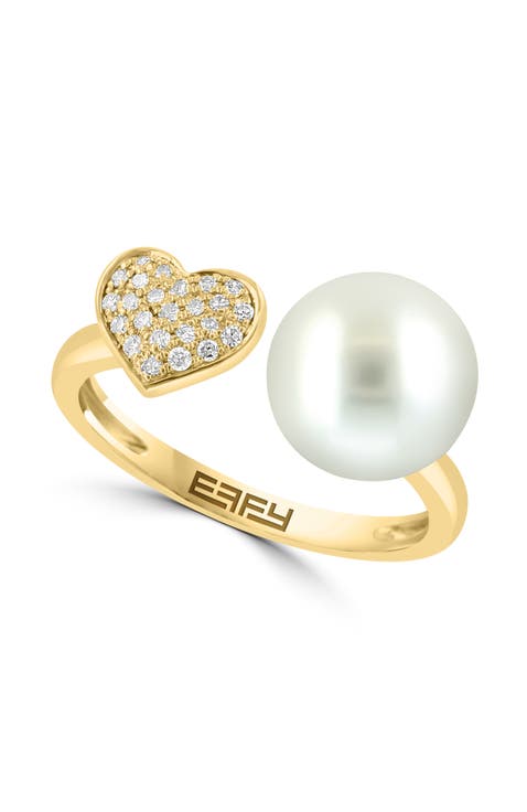 14K Yellow Gold Pavé Diamond Heart and Fresh Water Pearl Ring