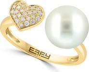 EFFY 14K Yellow Gold Pavé Diamond Heart and Fresh Water Pearl Ring