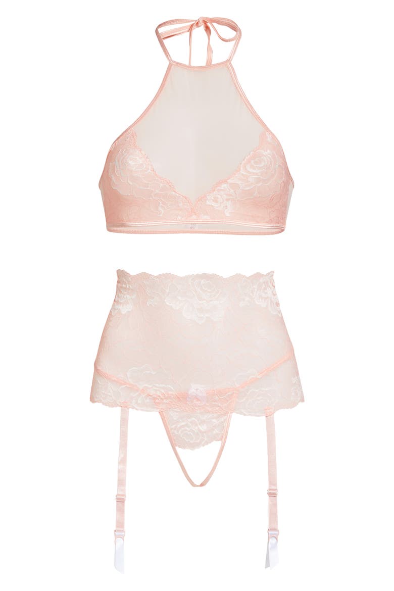 Crop Halter Top, Garter Belt & G-String Thong, Main, color, PINK