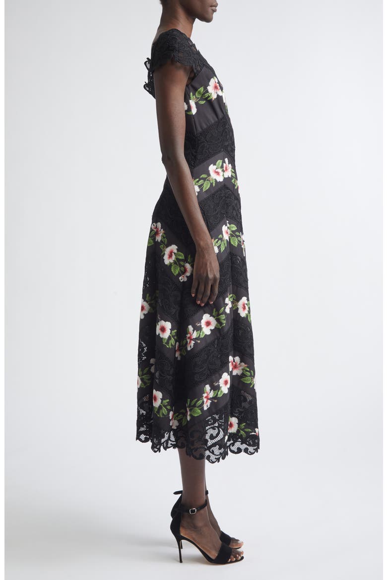Chiné Hibiscus Stripe Faille Midi Dress, Alternate, color, BLACK