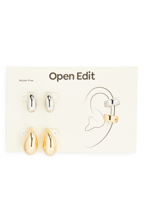 Open Edit Teardrop Stud Earrings & Ear Cuff Set In Gold- Rhodium